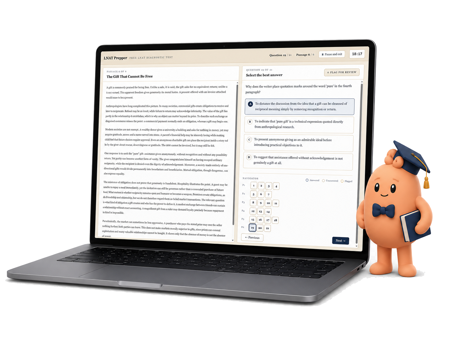 LNAT Prepper practice test interface shown on a laptop with the Prepper mascot